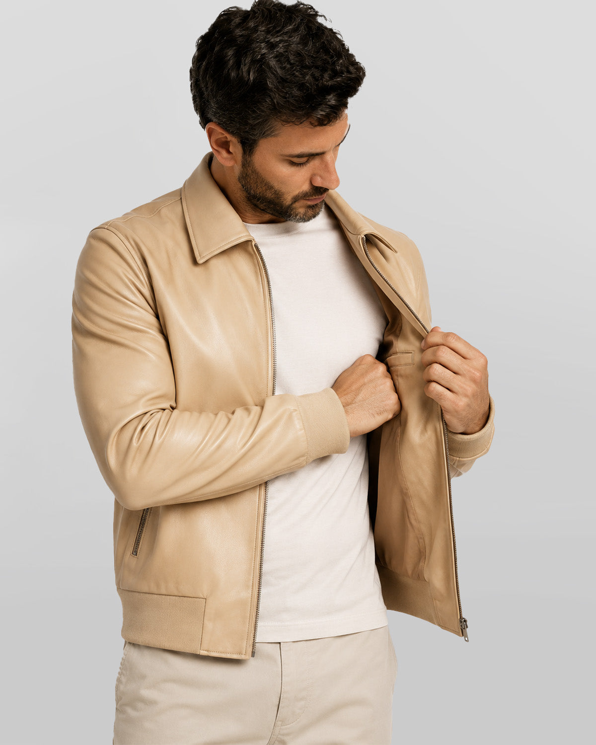 Men's Beige Bomber Leather Shirt Jacket