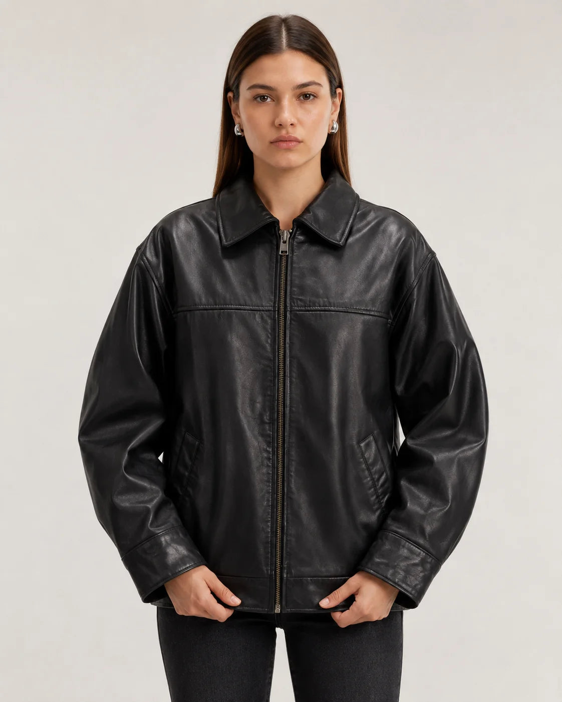 Women's Oversized Black Leather Bomber Jacket - Shirt Collar Style