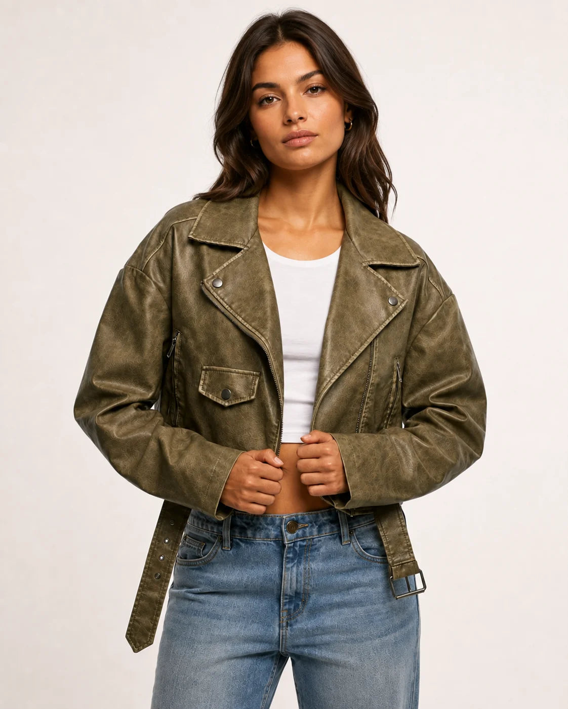 Women's Olive Green Cropped Leather Biker Jacket