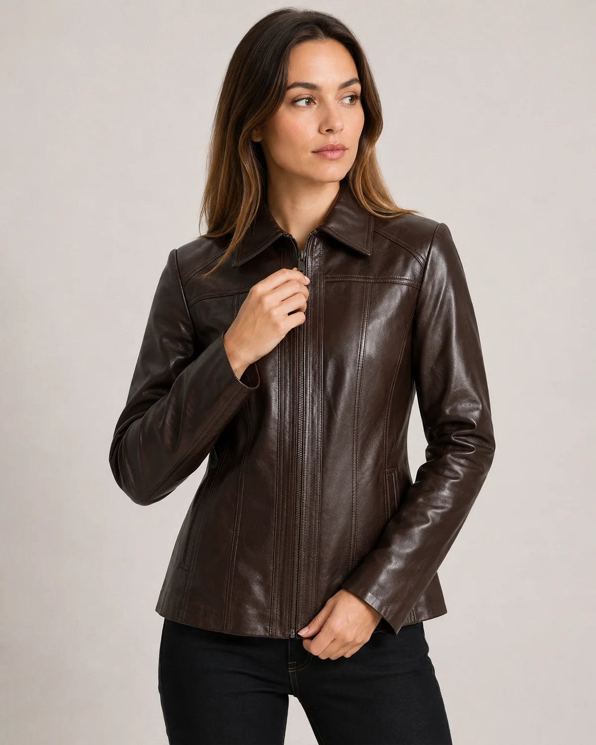 Women's Brown Shirt Collar Zip Up Leather Jacket