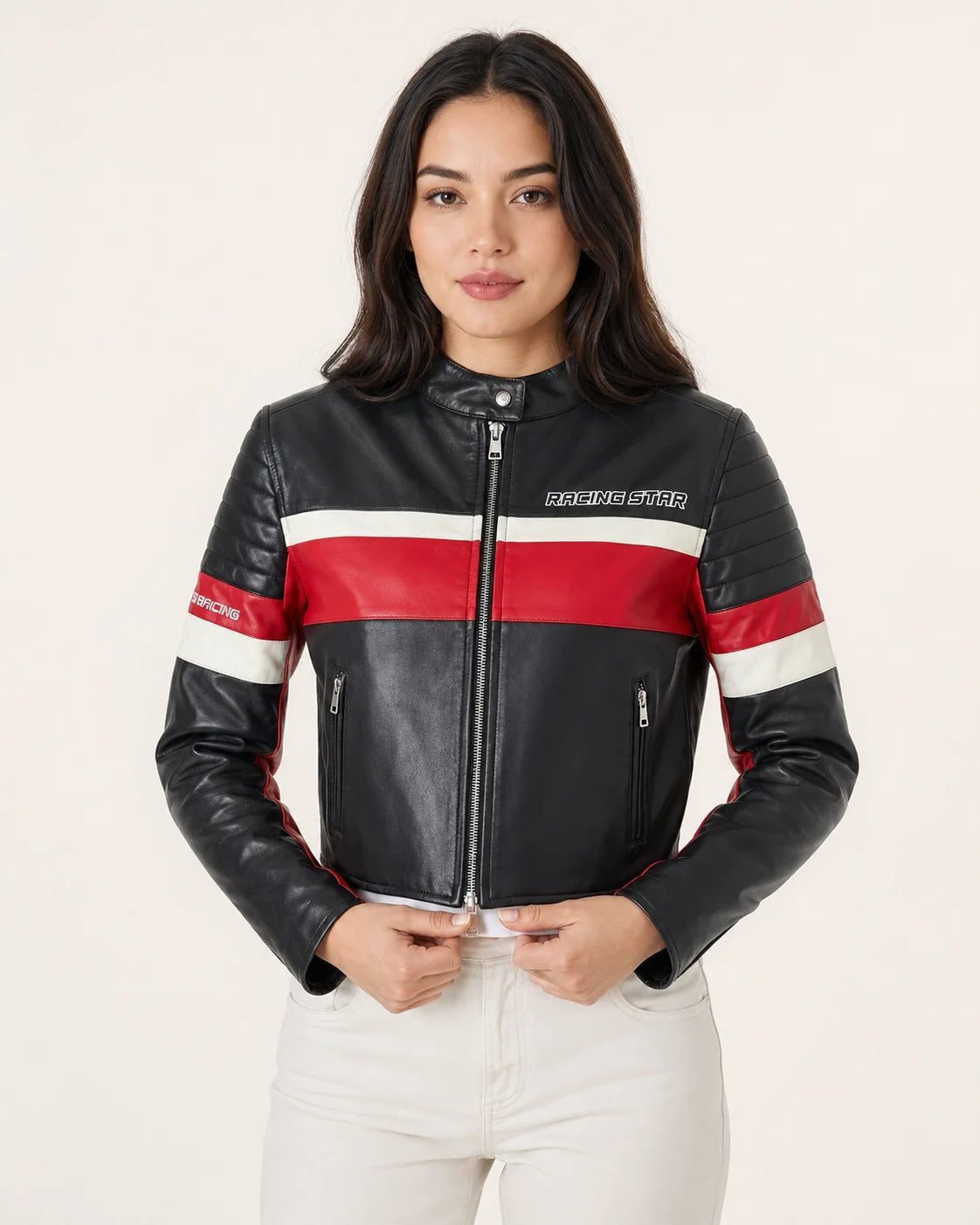Women's Red Black & White Cropped Leather Racing Jacket