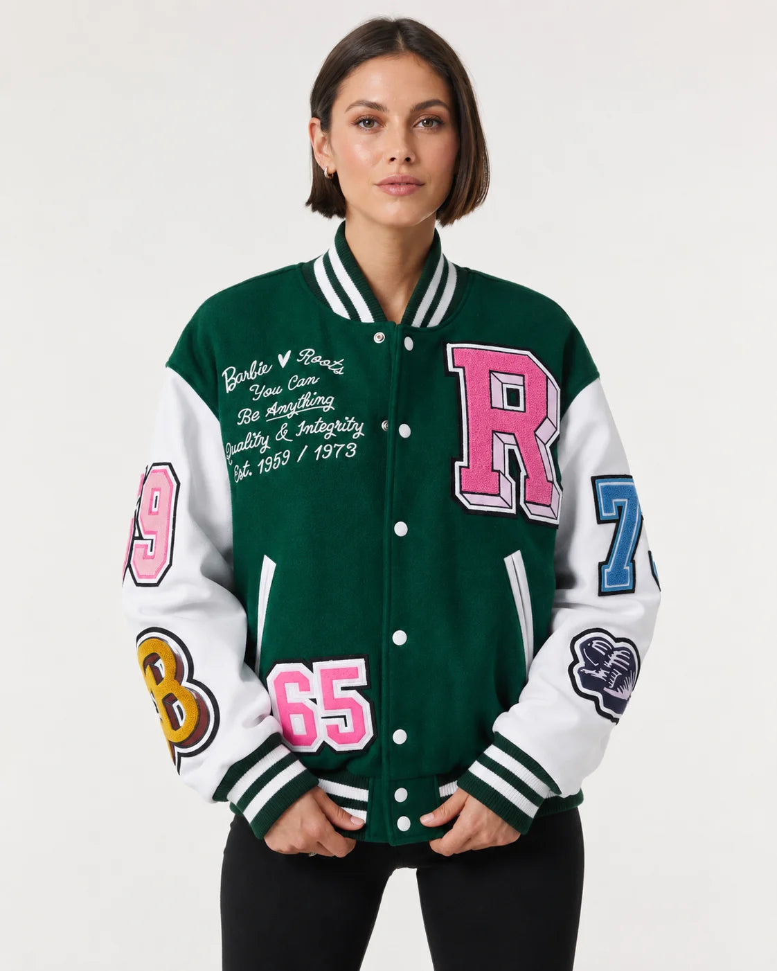 Womens Green/White Wool & Leather Varsity Jacket