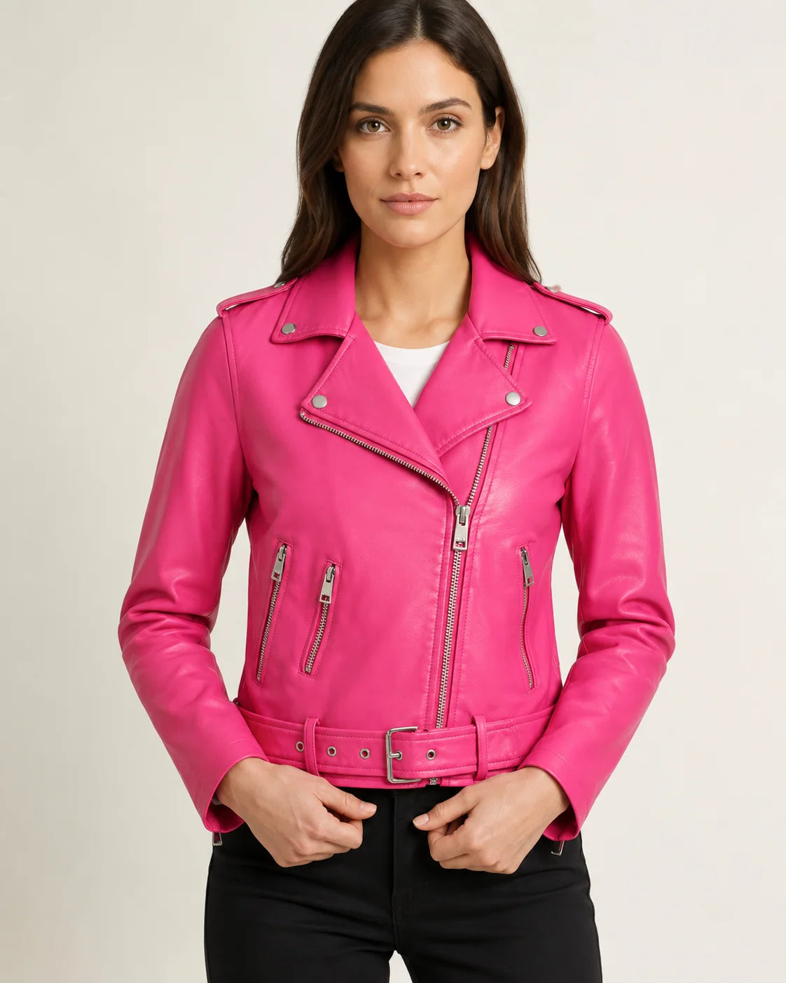 Asymmetrical Leather Hot Pink Jacket Womens
