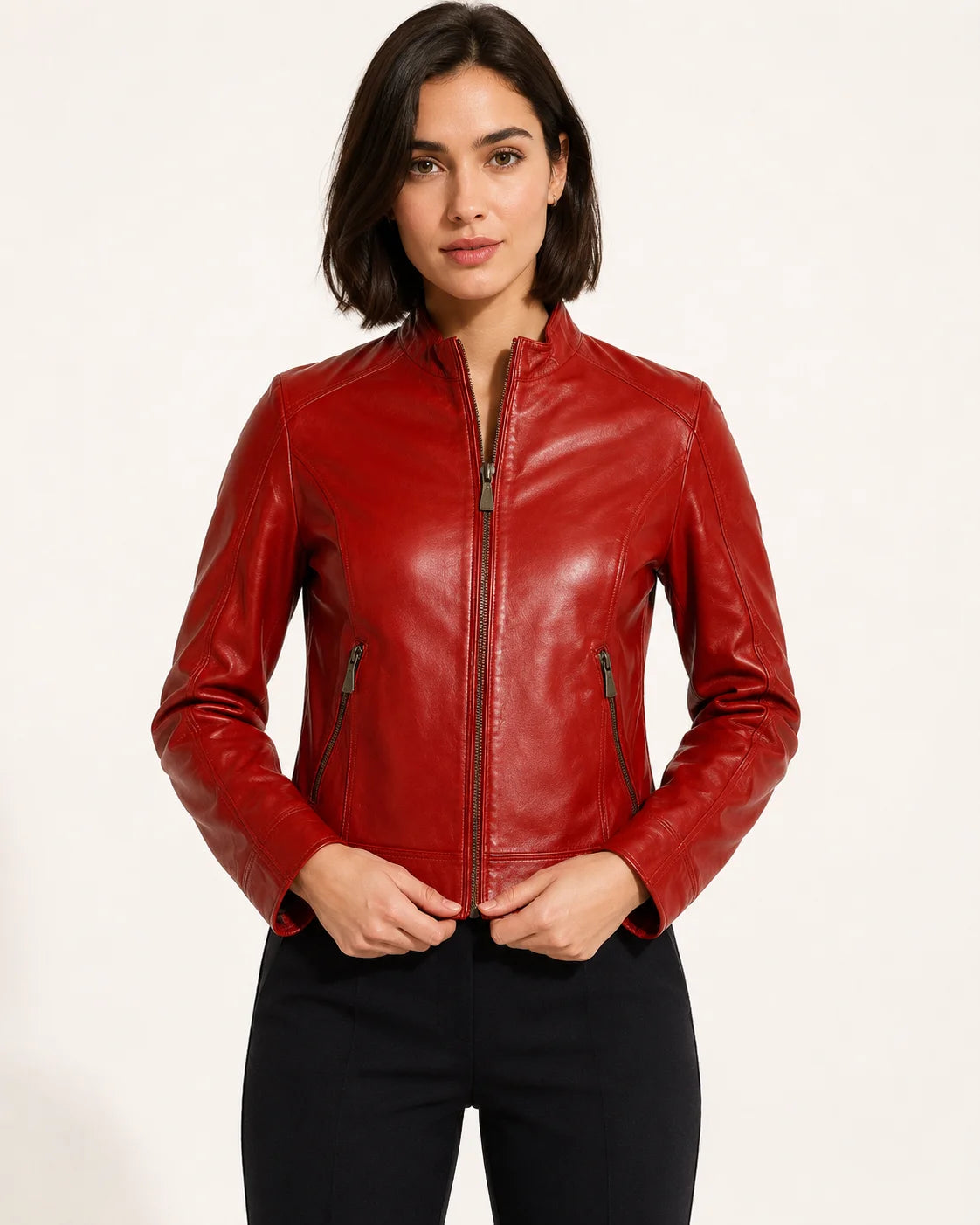 Women's Slim Fit Red Leather Cafe Racer Jacket