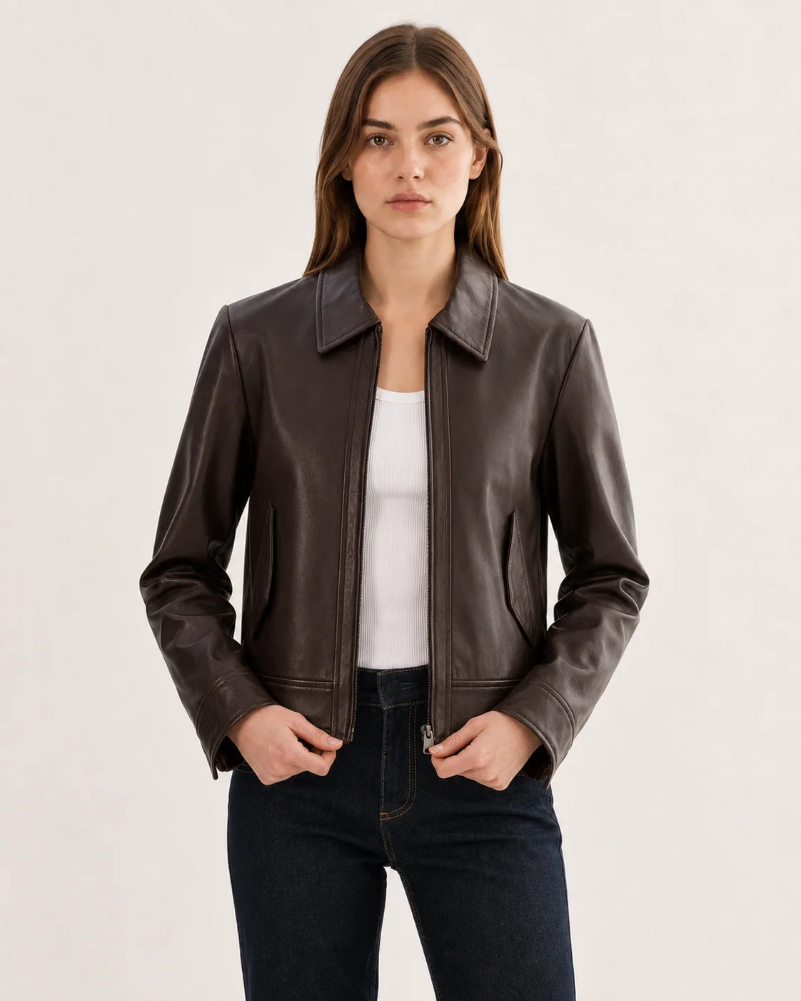 Women's Brown Harrington Shirt Collar Genuine Leather Jacket