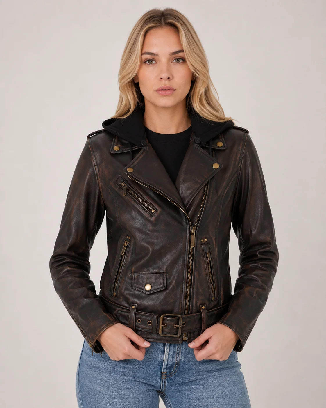Women's Black Cognac Hooded Leather Biker Jacket with Adjustable Belt