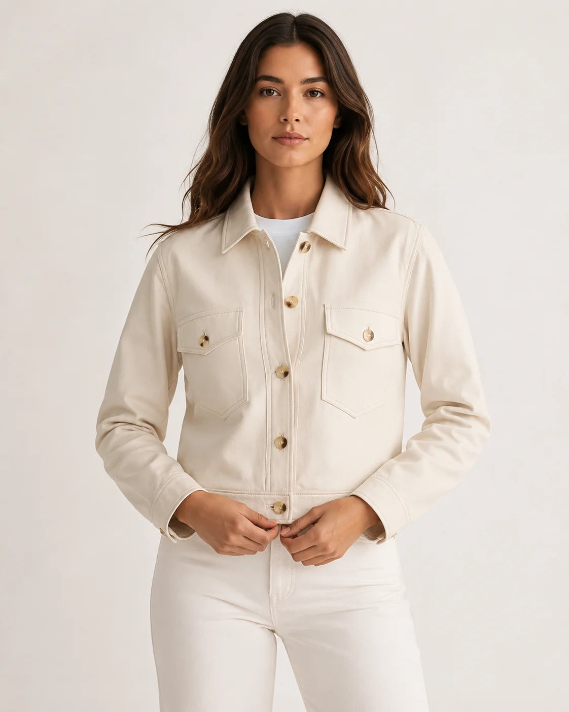Womens Cropped Cream Leather Jacket Shirt Style