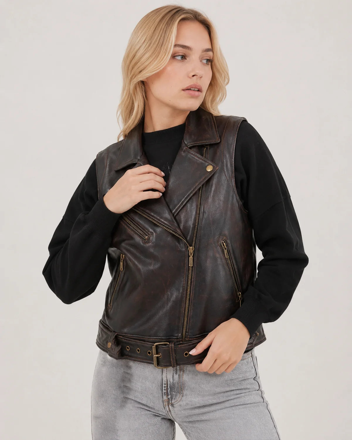 Women's Black Cognac Aged Lambskin Leather Vest with Belted Waist