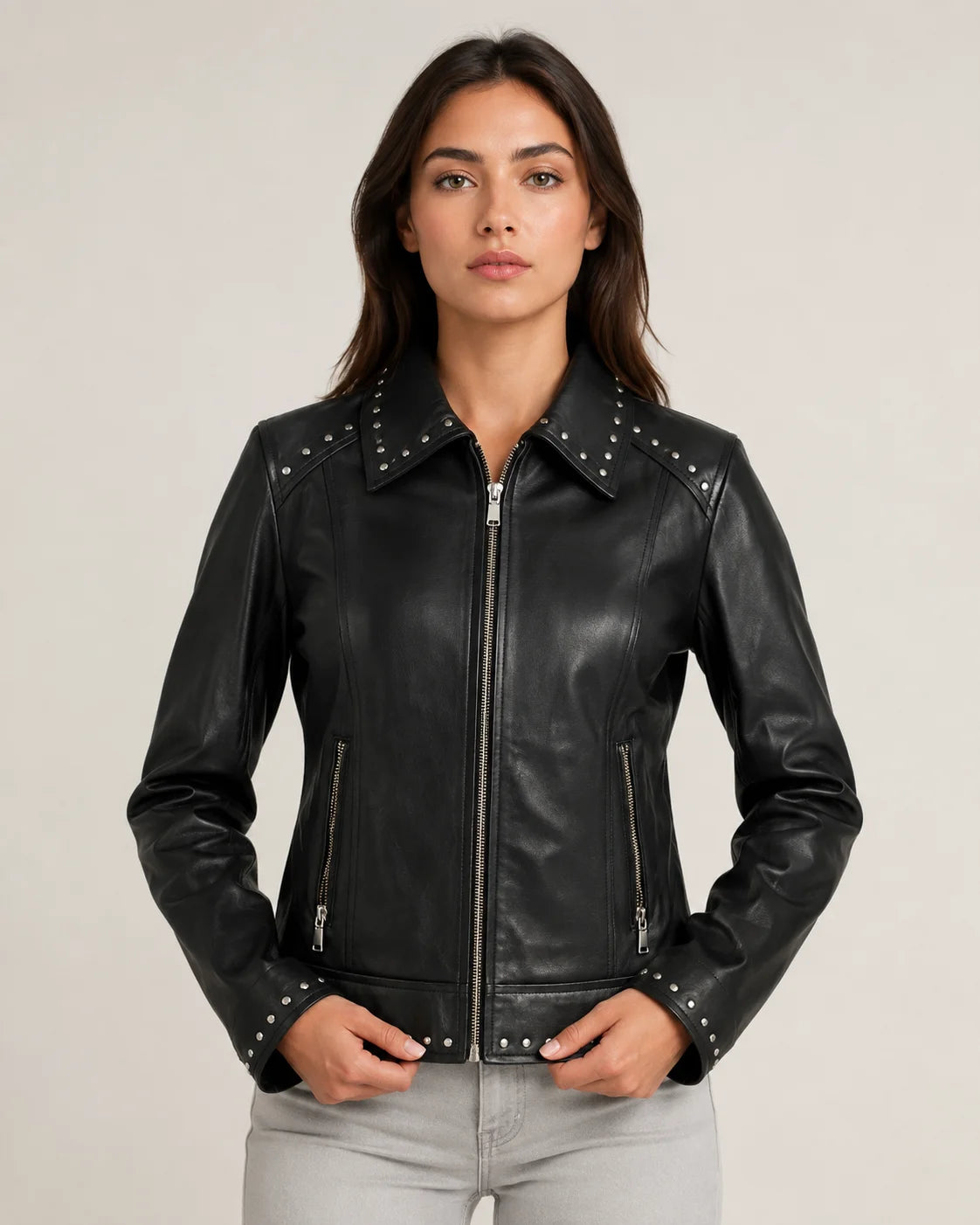 Classic Studded Black Leather Jacket Womens