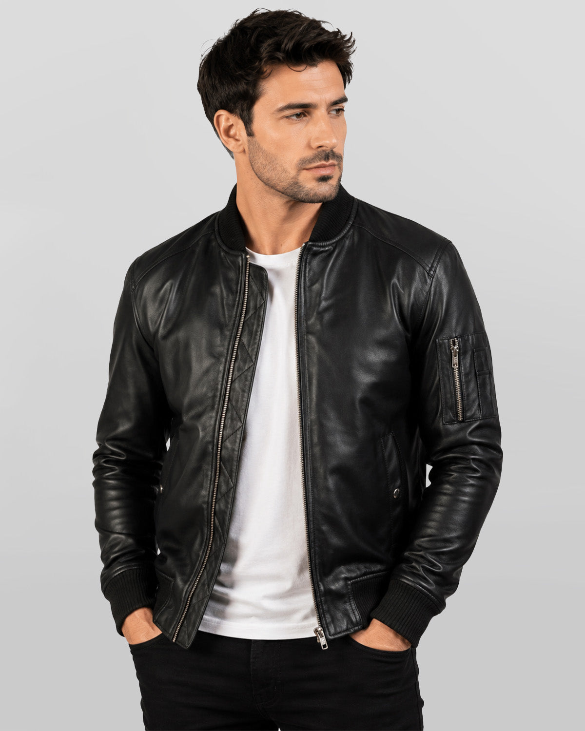Men's Ma-1 Black Leather Bomber Jacket