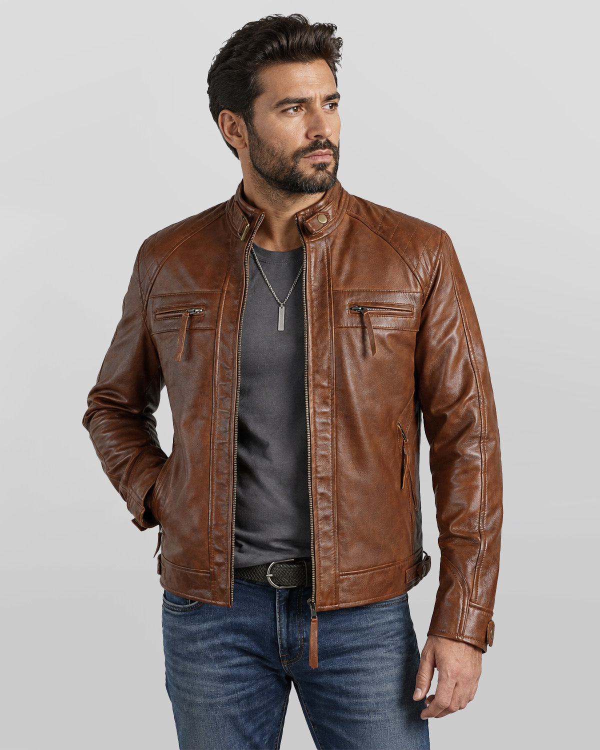 Men's Quilted Shoulders Café Racer Cognac Leather Jacket