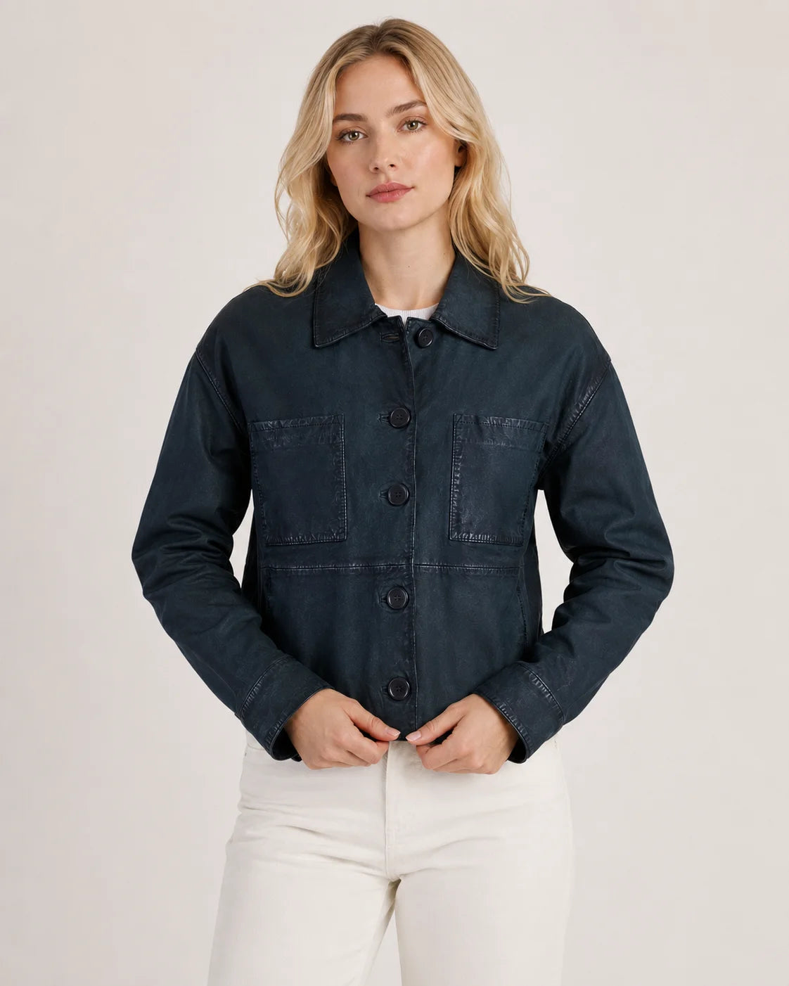 Women's Deep Teal Blue Cropped Button-Up Leather Jacket