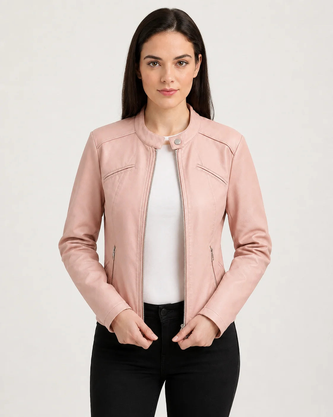 Light Pink Cafe Racer Leather Jacket Womens