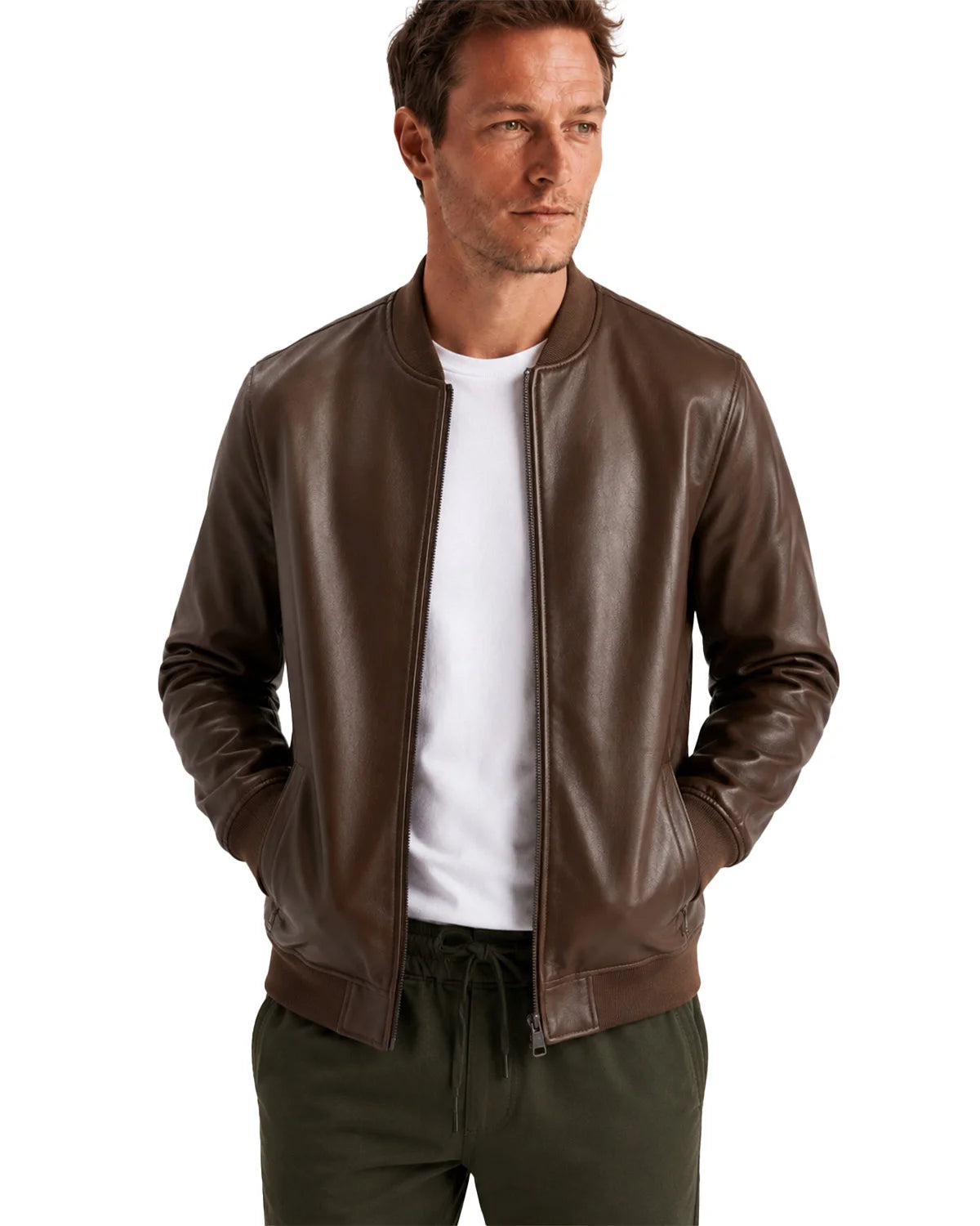 Mens Real Chocolate Brown Leather Bomber Jacket