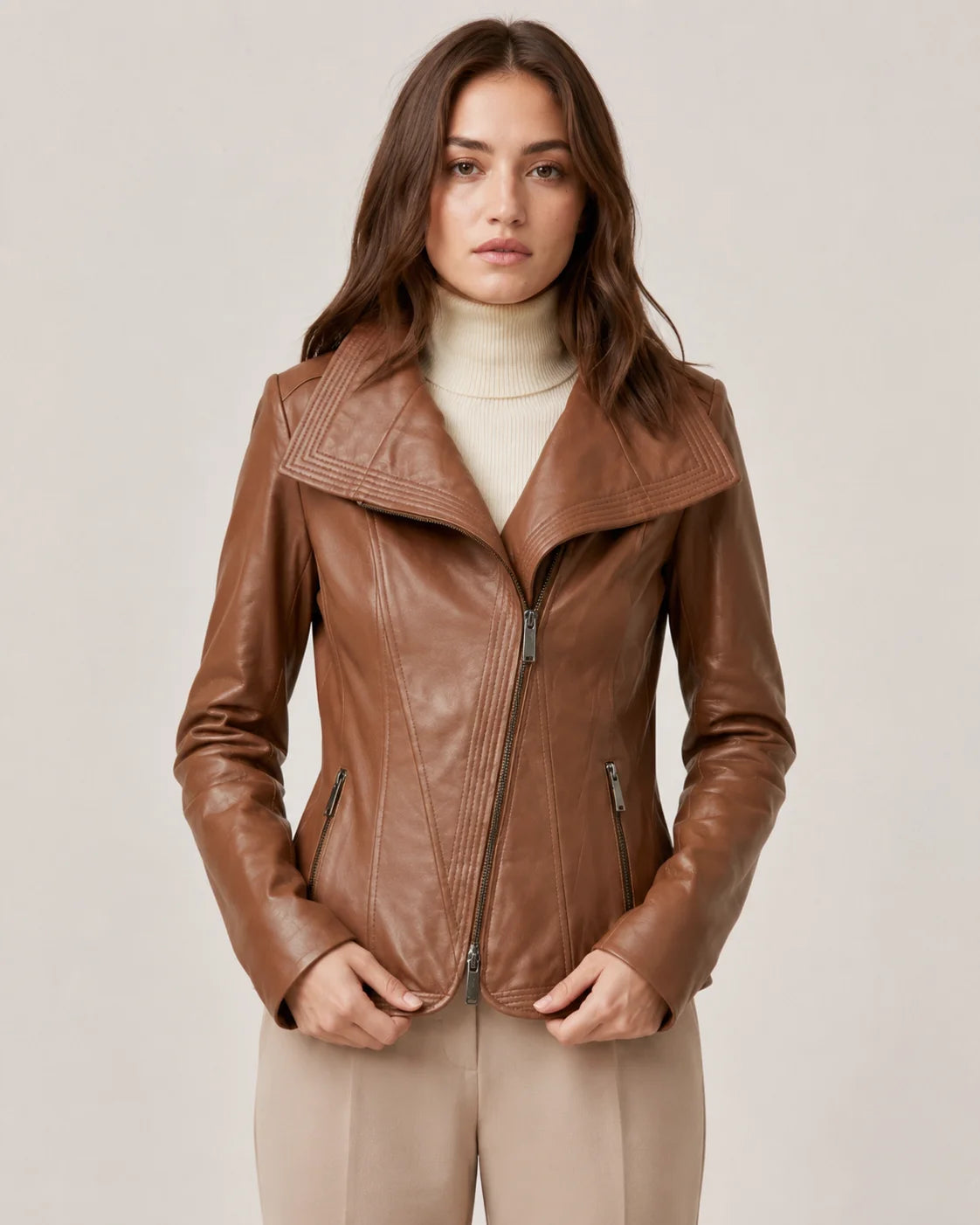 Women's Tan Moto Leather Jacket with Wide Lapel Collar