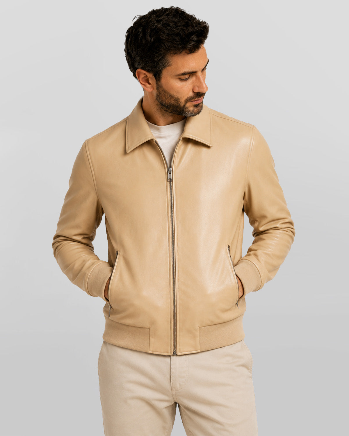 Men's Beige Bomber Leather Shirt Jacket