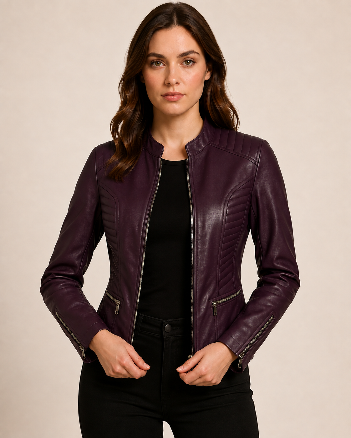 Women Slim Fit Biker Purple Leather Jacket