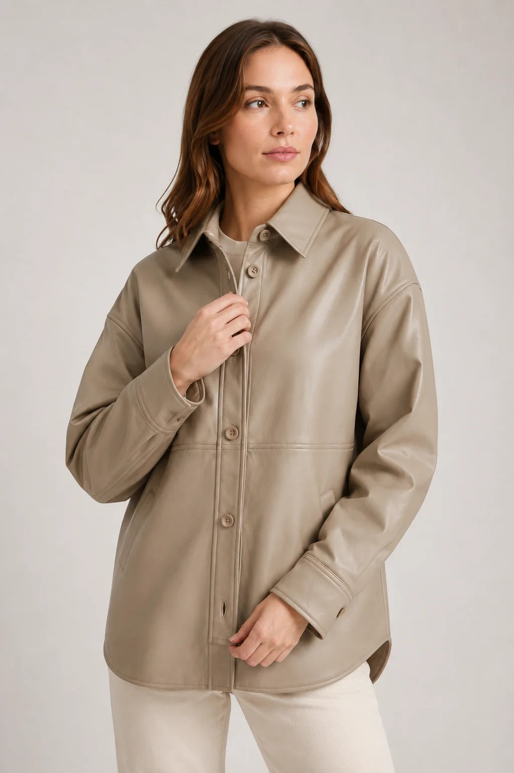 Beige Leather Shirt Jacket Womens