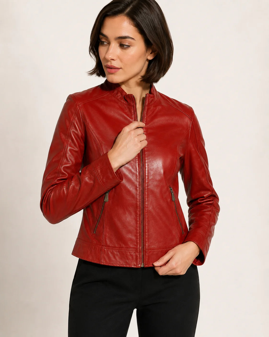 Women's Slim Fit Red Leather Cafe Racer Jacket