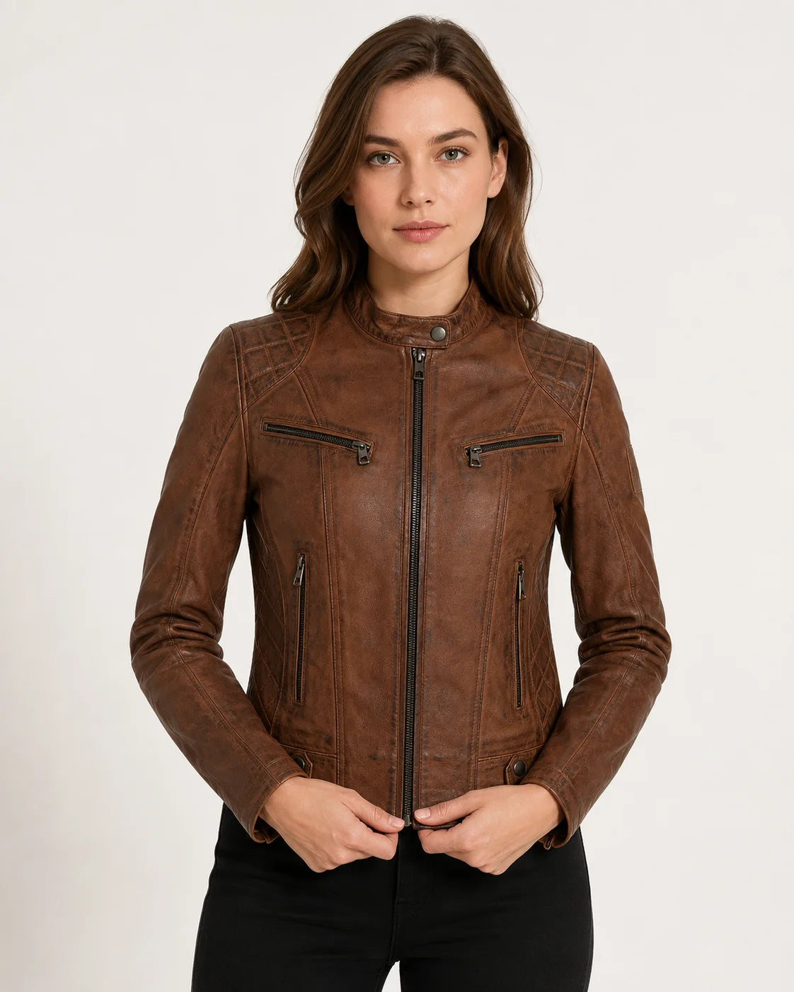 Women's Distressed Brown Leather Biker Jacket — Quilted Shoulder