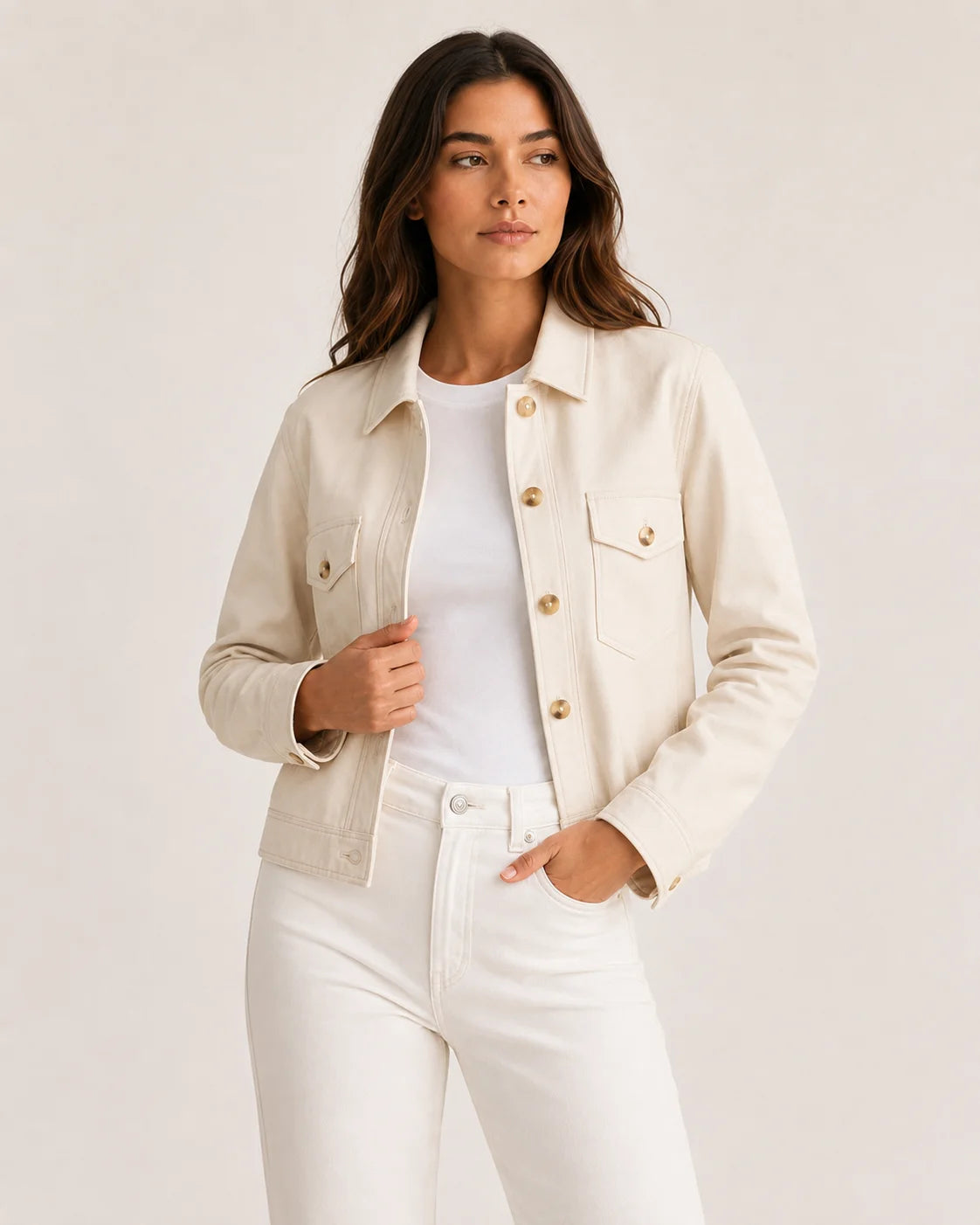 Womens Cropped Cream Leather Jacket Shirt Style