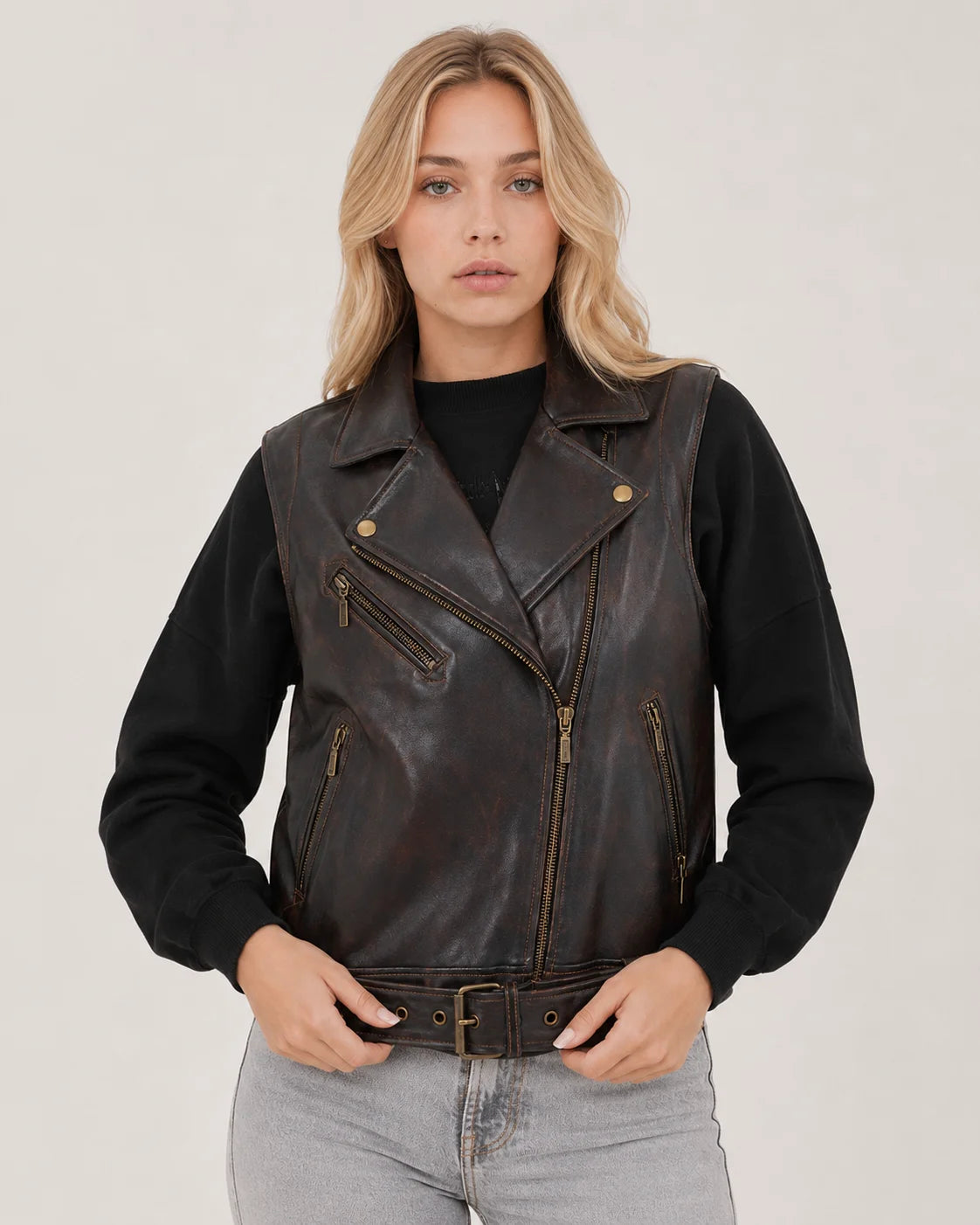 Women's Black Cognac Aged Lambskin Leather Vest with Belted Waist