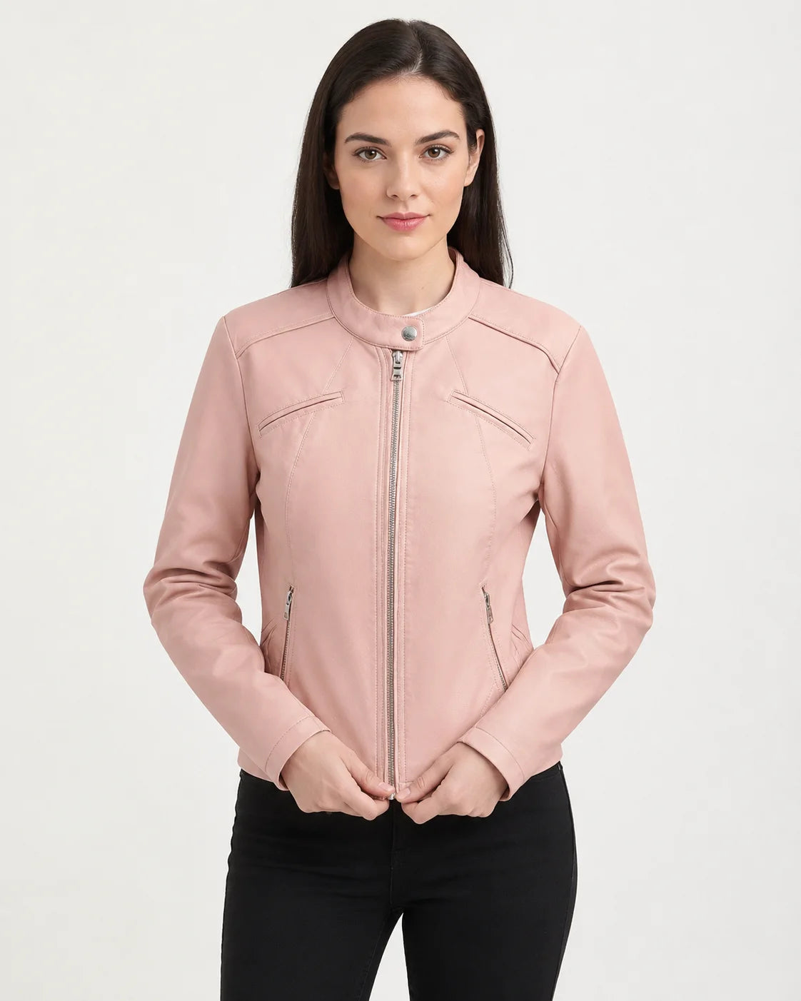 Light Pink Cafe Racer Leather Jacket Womens