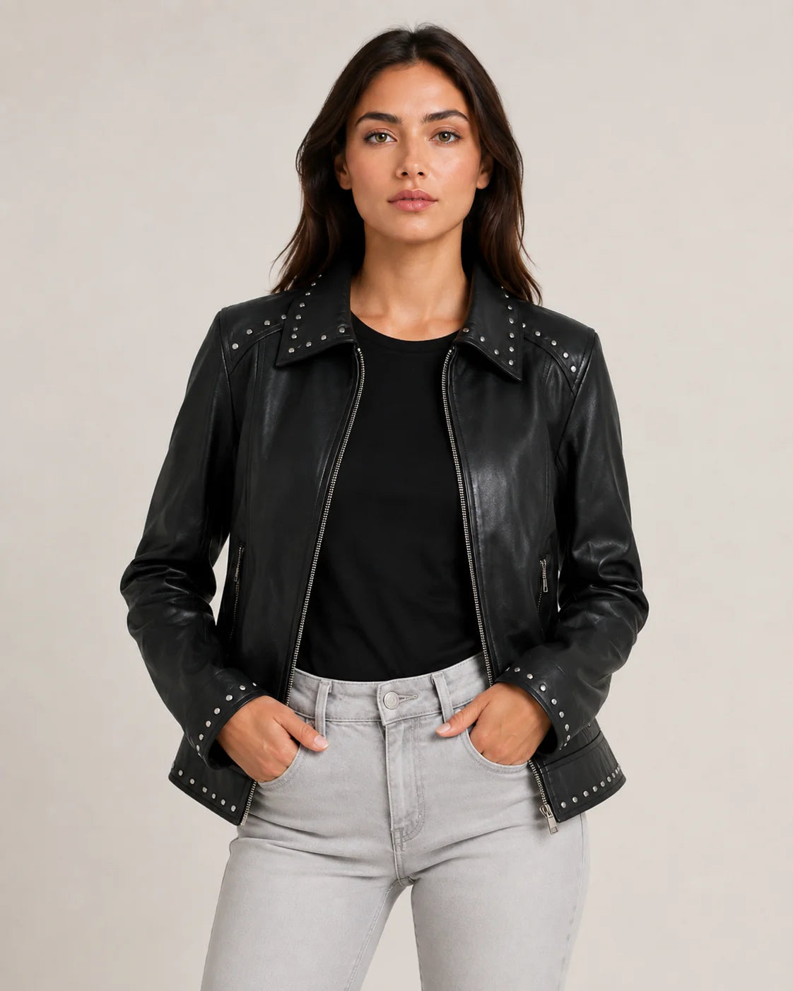Classic Studded Black Leather Jacket Womens