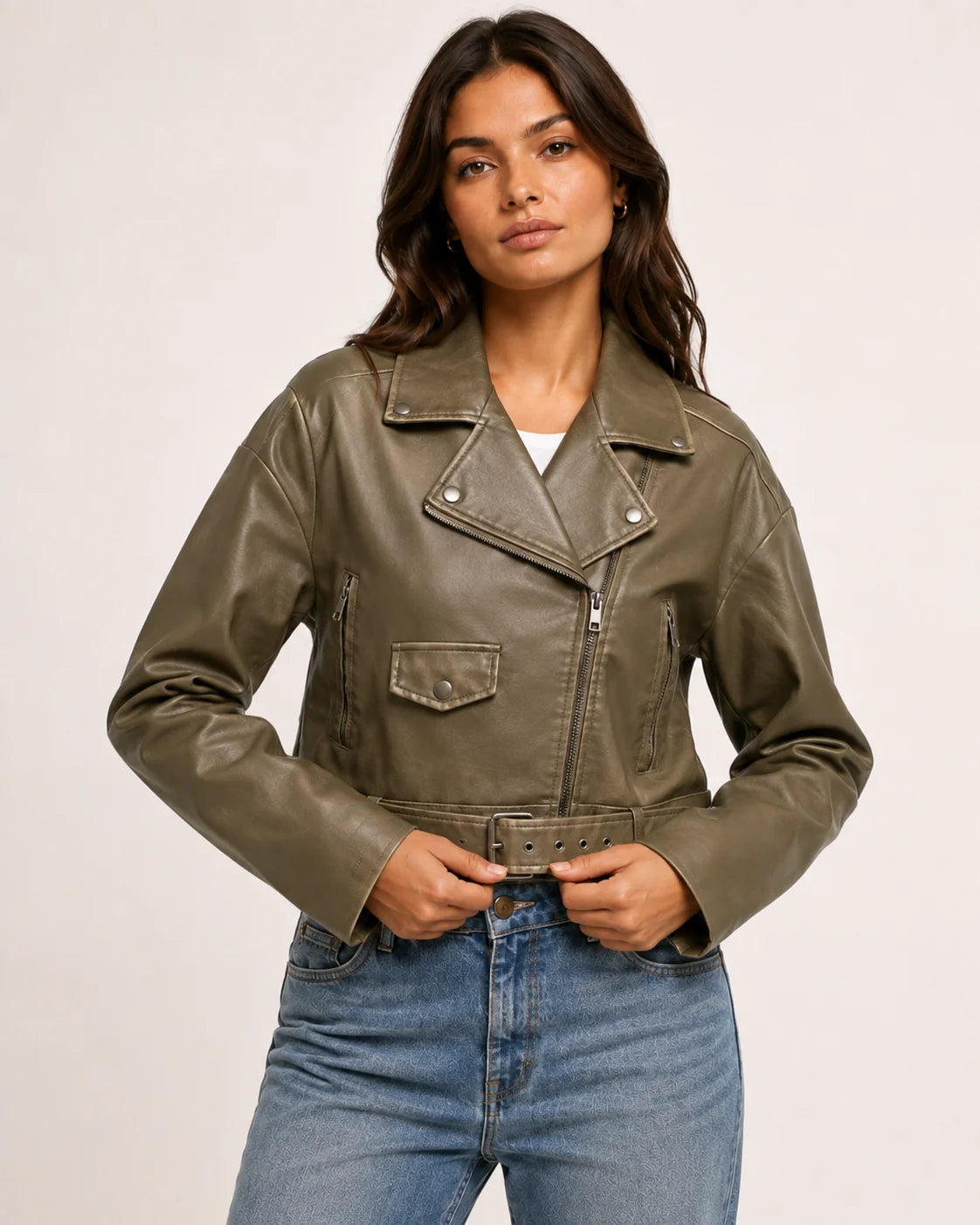 Women's Olive Green Cropped Leather Biker Jacket