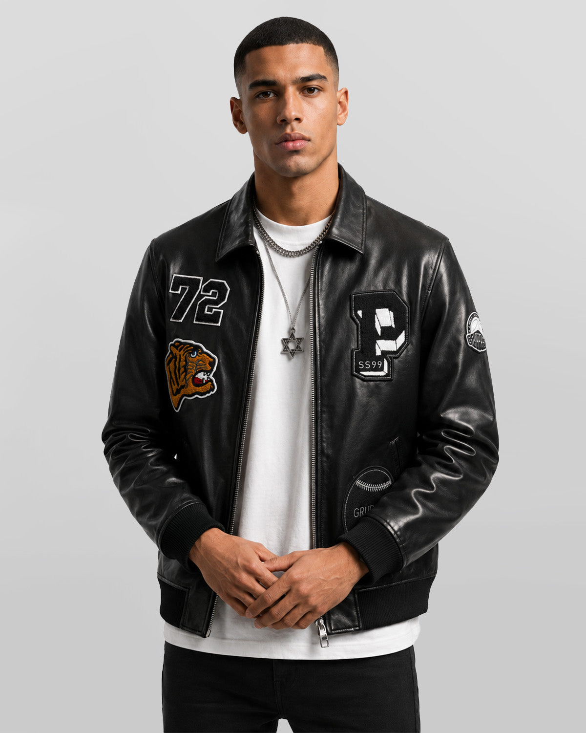 Mens Patched Black Bomber Leather Jacket