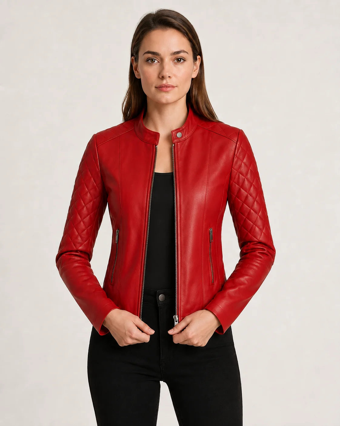 Women's Quilted Real Leather Red Cafe Racer Jacket