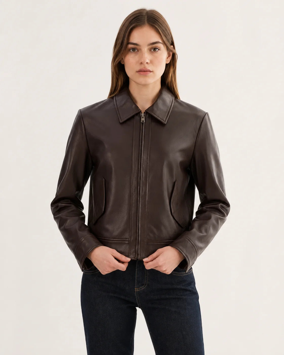 Women's Brown Harrington Shirt Collar Genuine Leather Jacket