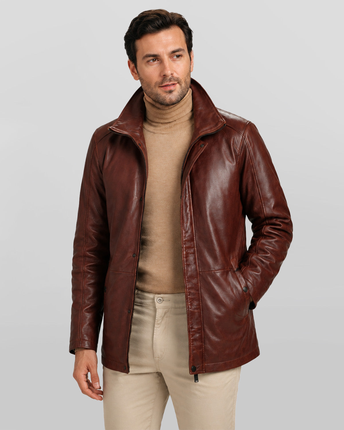Men's Real Lambskin Leather Brown Car Coat