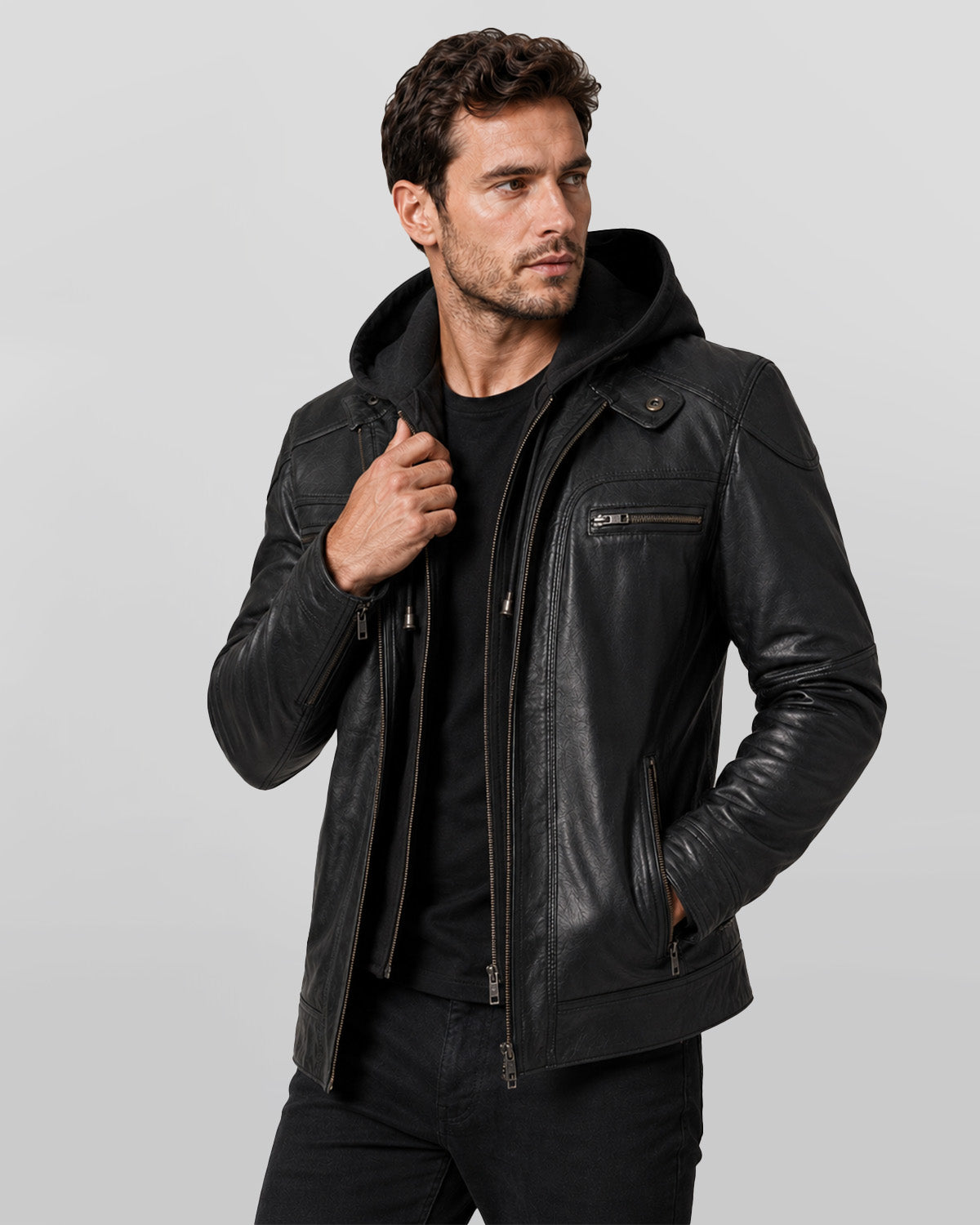 Mens Black Hooded Biker Leather Jacket With Removable Hood