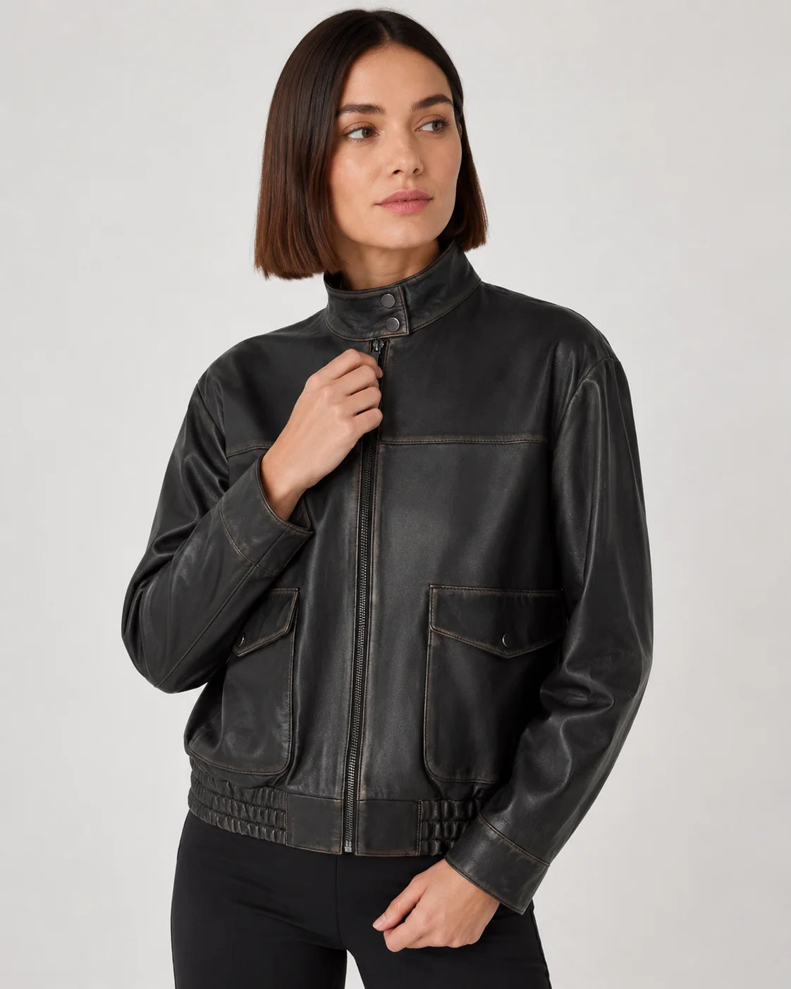 Women's Black Stand Collar Leather Bomber Jacket