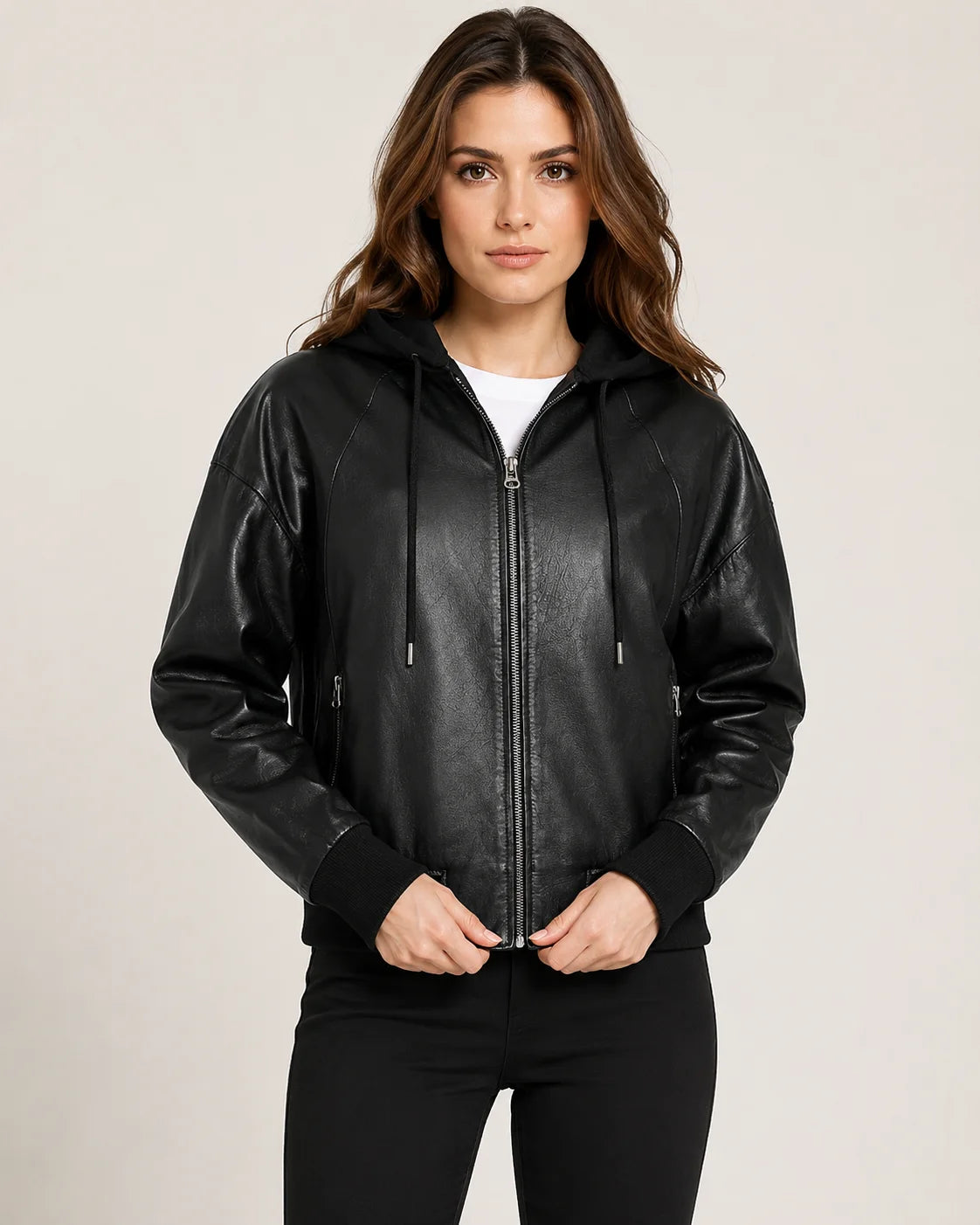 Women's Black Leather Bomber Jacket with Removable Hood