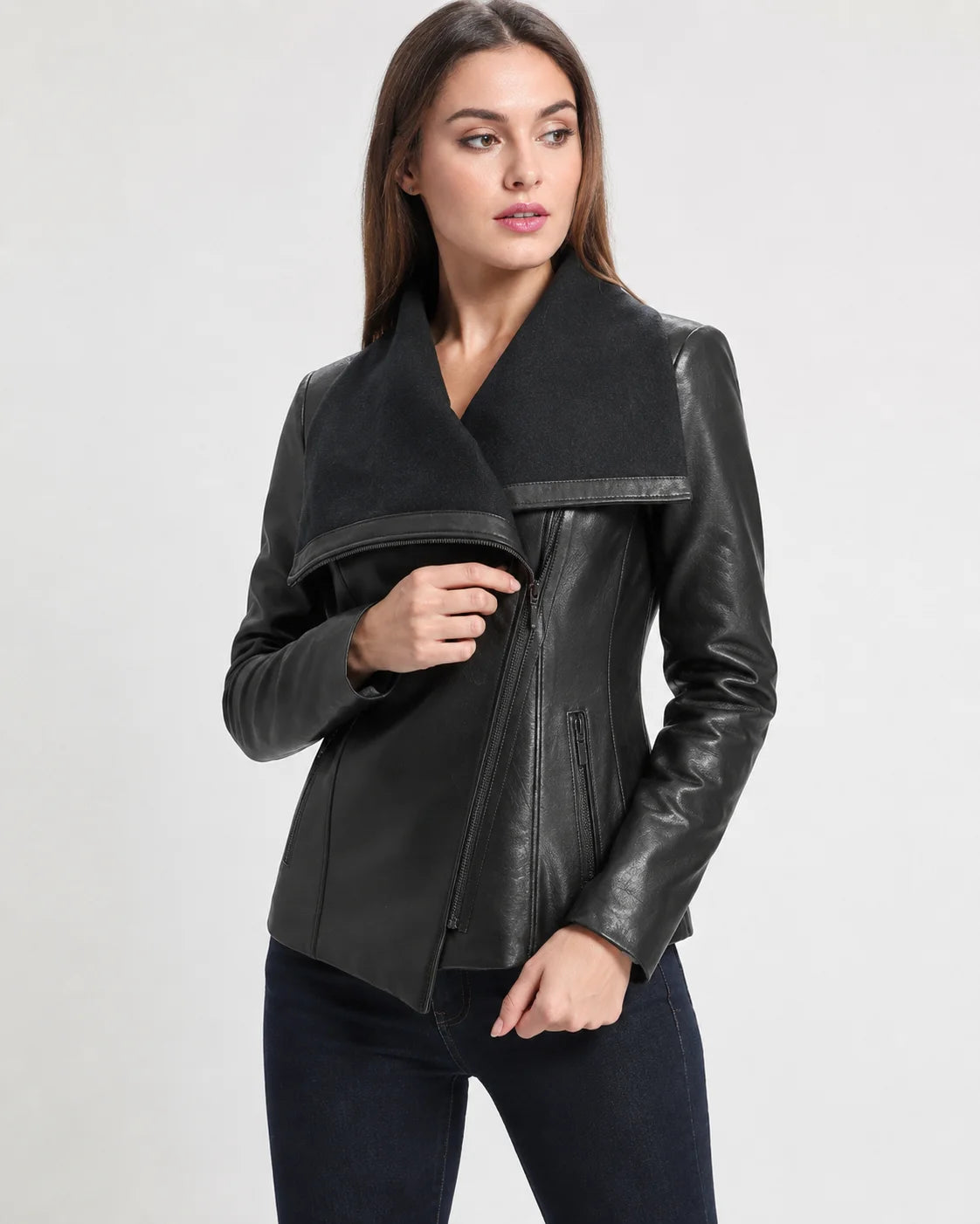 Women's Black Wool and Leather Drape Collar Jacket
