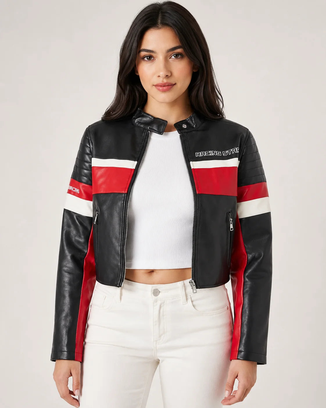 Women's Red Black & White Cropped Leather Racing Jacket