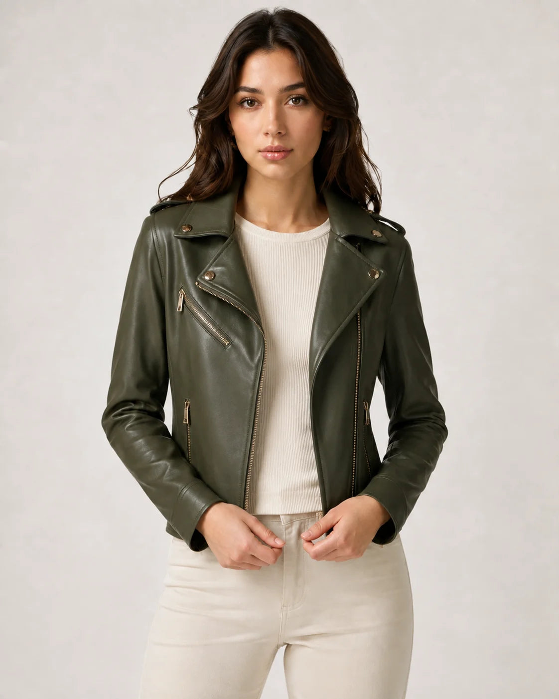 Women's Green Lambskin Leather Biker Jacket with Asymmetrical Zip
