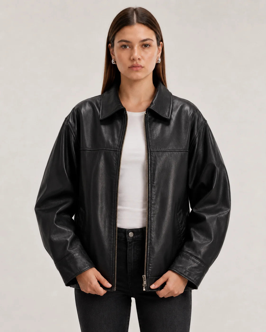 Women's Oversized Black Leather Bomber Jacket - Shirt Collar Style