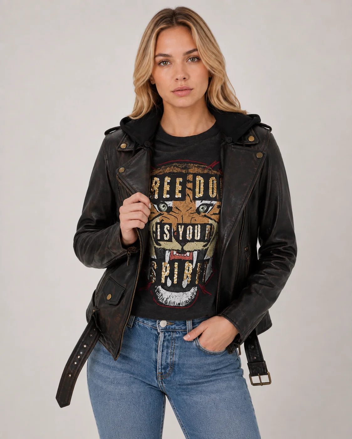 Women's Black Cognac Hooded Leather Biker Jacket with Adjustable Belt