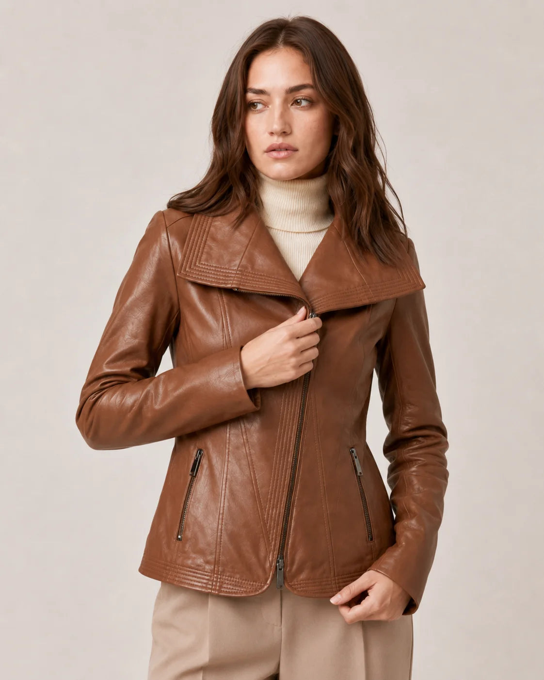 Women's Tan Moto Leather Jacket with Wide Lapel Collar