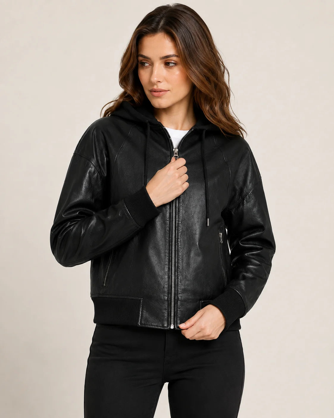 Women's Black Leather Bomber Jacket with Removable Hood