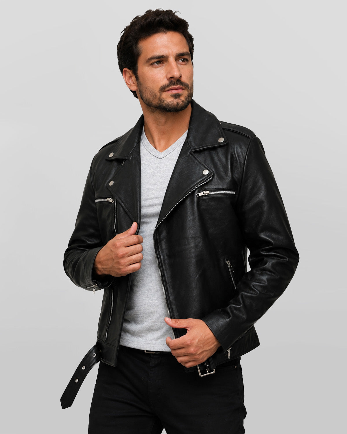 Negan Inspired Men's Black Belted Moto Leather Jacket