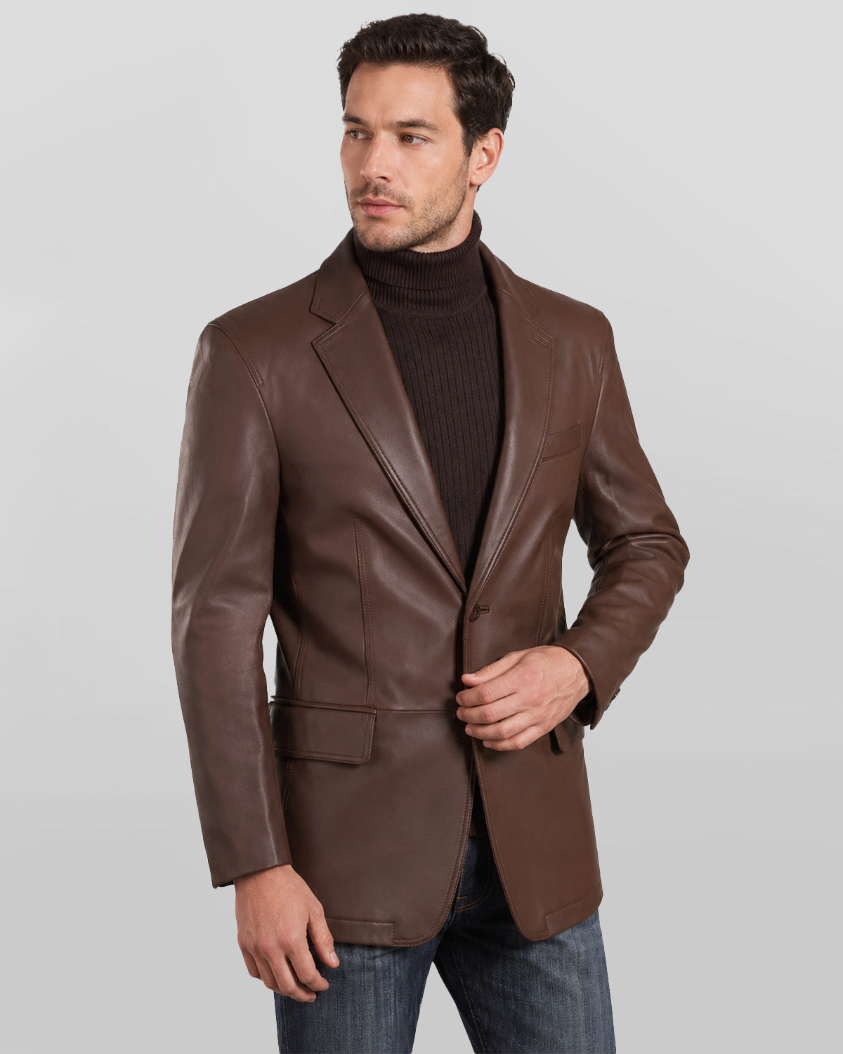 Mens Two Button Notch Lapel Chocolate Brown Leather Blazer
