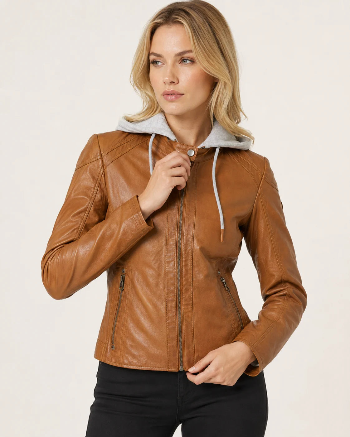 Women's Cognac Brown Leather Moto Jacket with Removable Hood