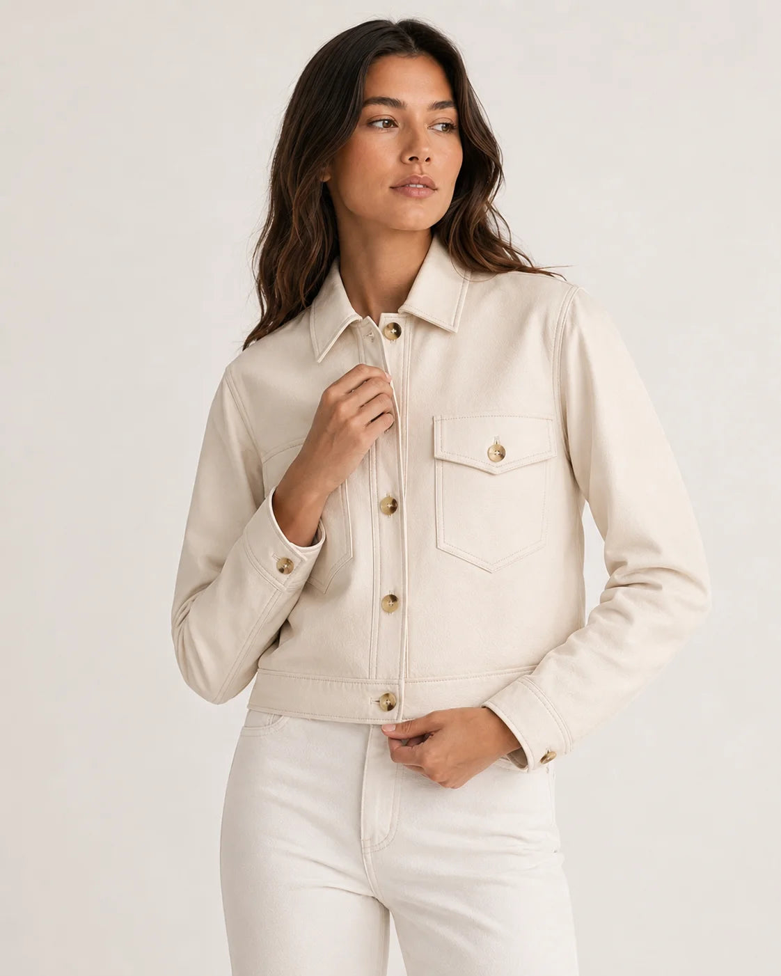 Womens Cropped Cream Leather Jacket Shirt Style