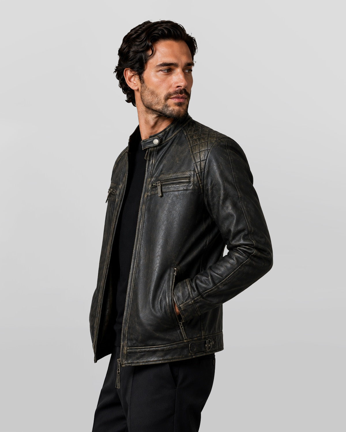 Mens Distressed Real Lambskin Black Leather Biker Jacket