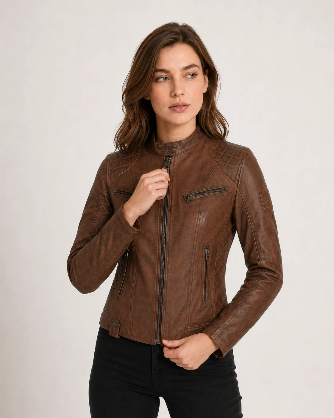 Women's Distressed Brown Leather Biker Jacket — Quilted Shoulder