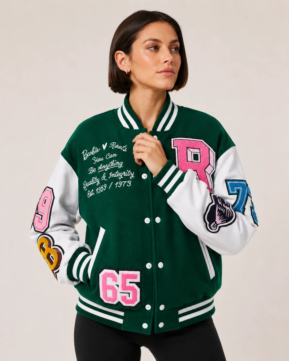 Womens Green/White Wool & Leather Varsity Jacket